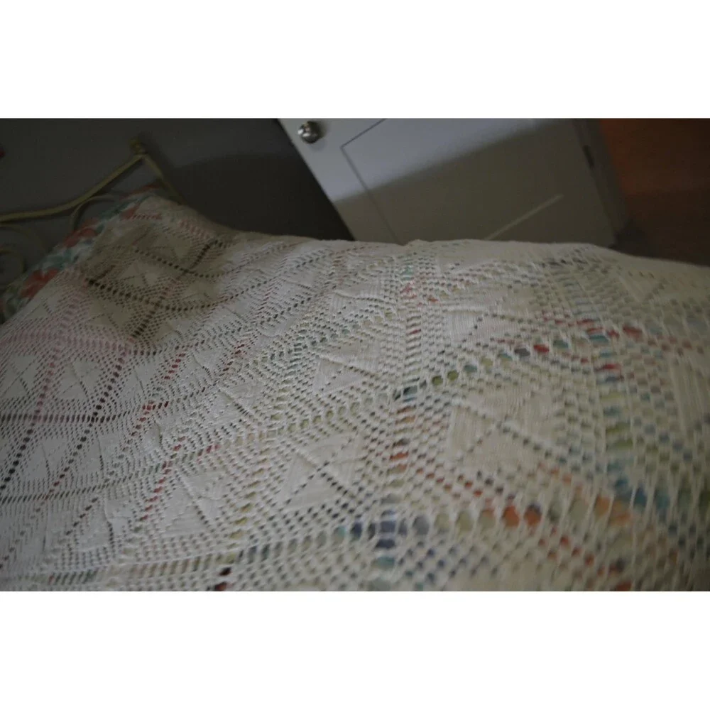 Vintage Crochet Bed Cover Twin Filet Border Cottagecore Shabby Chic Timeless
